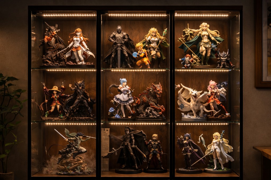 ویترین شیشه‌ای با نورپردازی LED برای نمایش فیگورها