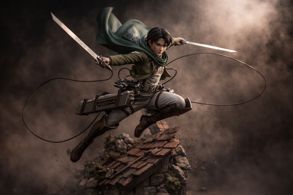 فیگور لوی آکرمن با شمشیرها و ردای Survey Corps