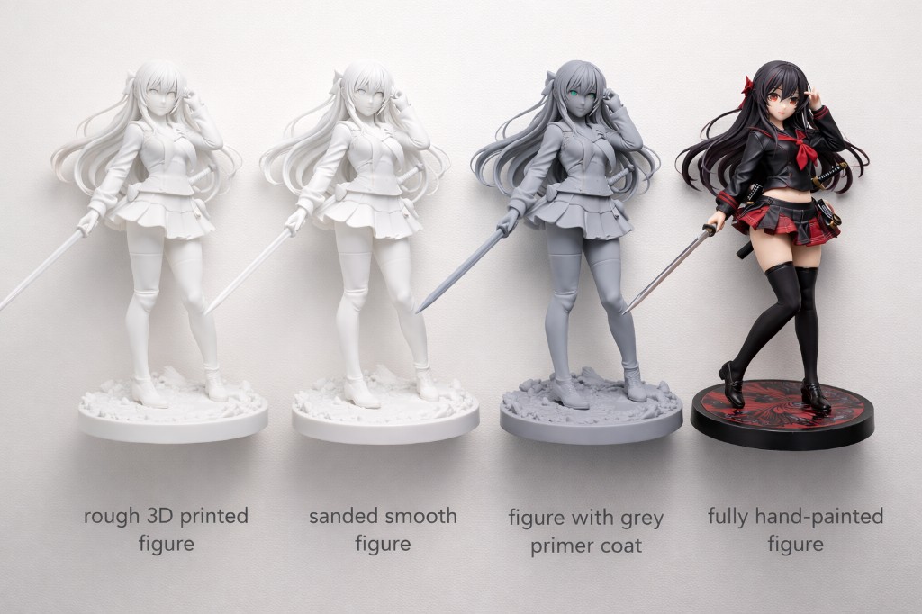 مراحل تبدیل پرینت خام PLA به فیگور رنگ‌آمیزی‌شده